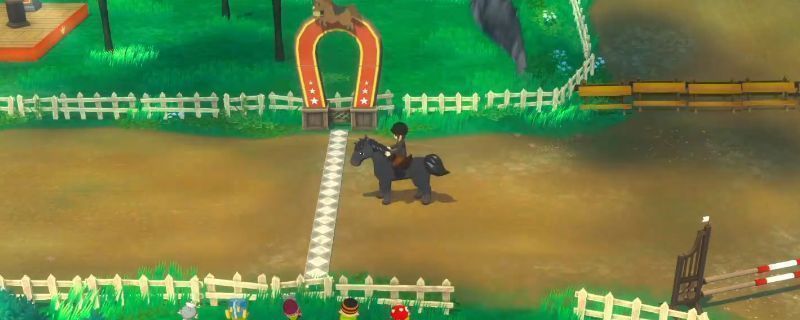 《牧场物语 来吧！风之繁华集市》冬季赛马大会比赛场景，玩家骑马在雪地赛道上飞驰，周围有铃铛和气球道具分布