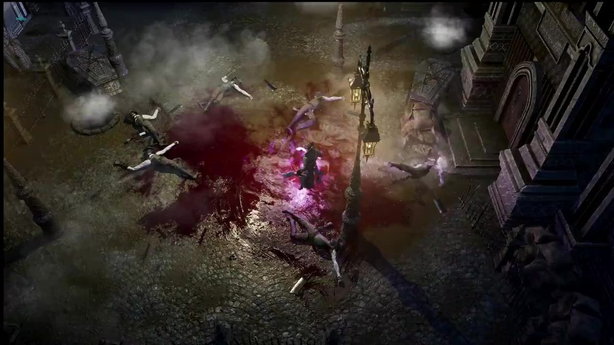 角色在昏暗街道上与类狼人怪物激烈交战，技能特效绚丽