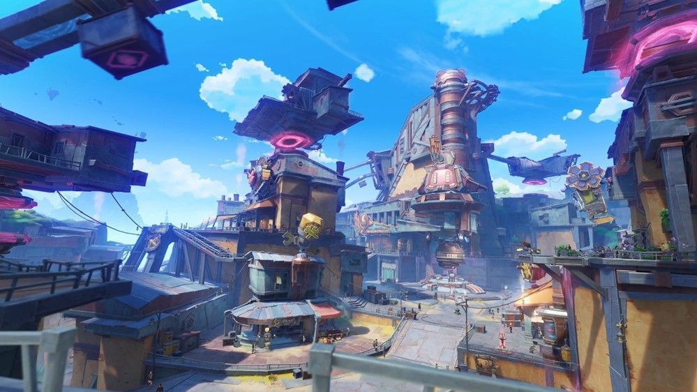 挪德卡莱区域风景概念图，月光洒落在雪山与森林之间，远处小镇灯火闪烁