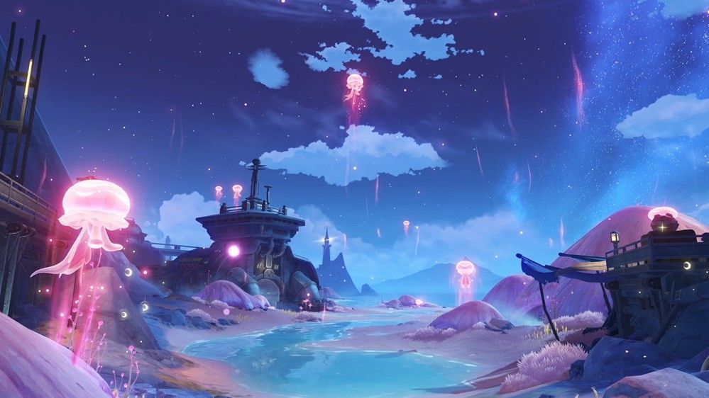 怪物使用月矩力发动攻击的战斗场景，蓝色能量光束从地面升起，周围环境泛起涟漪