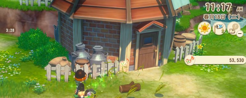 《牧场物语 来吧！风之繁华集市》中风车旁展示多种颜色妙妙珠的界面，五彩宝珠排列整齐，突出其神秘与科技感