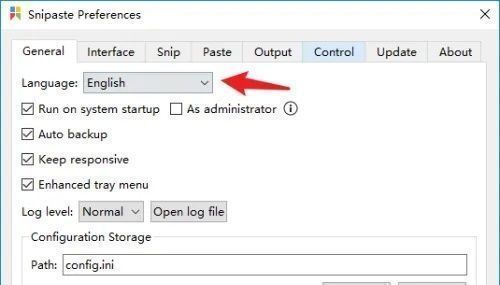 Snipaste设置界面中language语言选项位置，已圈出简体中文可选状态
