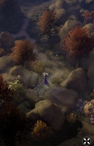 幽魂法师悬浮空中释放蓝色魔法球，玩家角色躲在石柱后方进行躲避