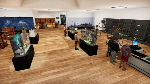 玩家正在店内布置大型水族箱，技术人员搬运鱼类，背景中顾客驻足观赏，氛围热闹