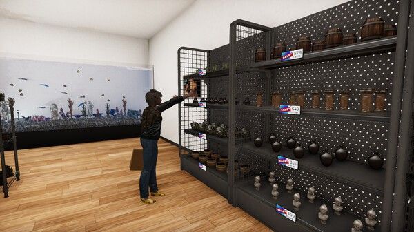 顾客在收银台前结账，店员微笑服务，背景是充满生机的水族景观墙