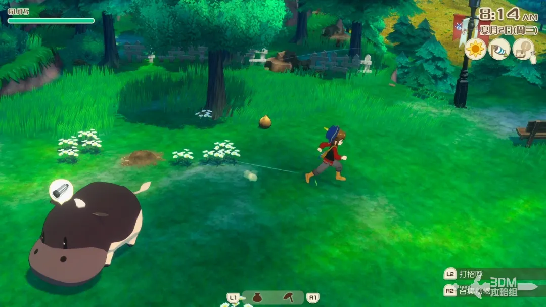 牧场物语游戏画面：角色站在动物放牧区旁，背景有核桃树和正在吃草的牛羊，地面散落着可采集的核桃