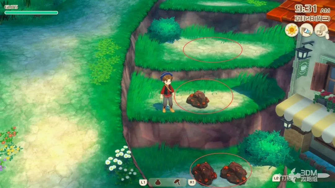 俯视视角展示咖啡店背后多个分散的资源点，标注了可能刷新矿石的位置