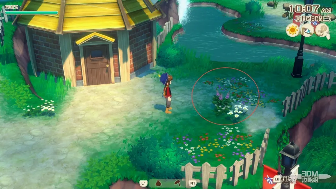 黄色风车门前开满五颜六色的野花，微风吹动花瓣飘舞，角色正在弯腰采摘