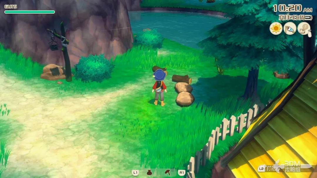 风车背后山坡上分布着可砍伐的树木和可敲击的矿石堆，角色正挥动斧头砍树