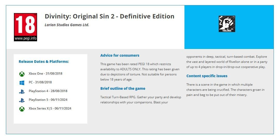 PEGI官网显示《神界：原罪2 决定版》已通过PS5和Xbox Series X|S平台的18+评级信息截图