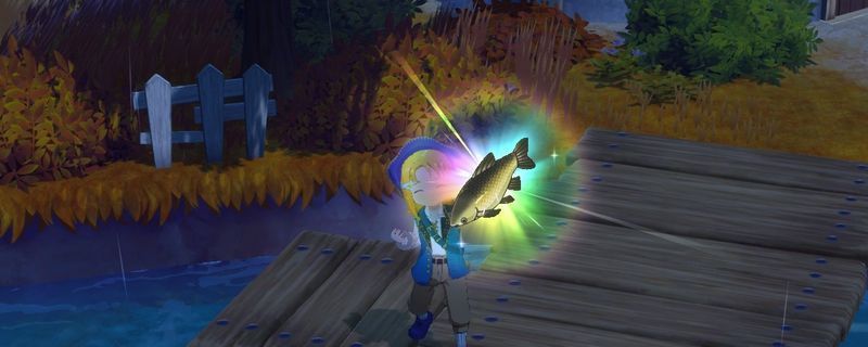 《牧场物语 来吧！风之繁华集市》中角色在湖边垂钓的温馨场景，阳光洒在水面上，波光粼粼，充满田园诗意