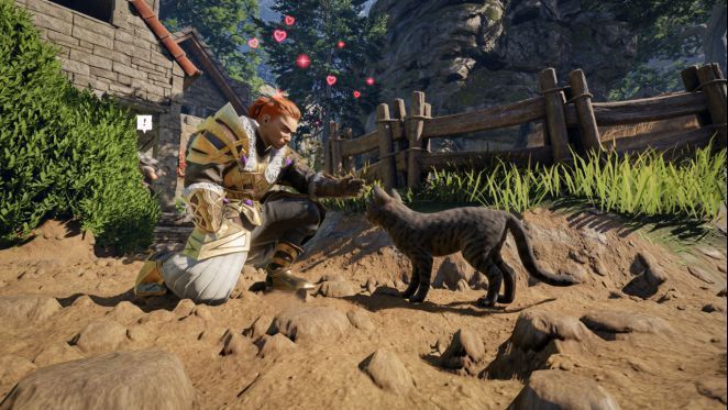 玩家在基地中与驯服的动物互动，一只四足生物正低头吃草，另一只两足生物安静地坐在屋檐下