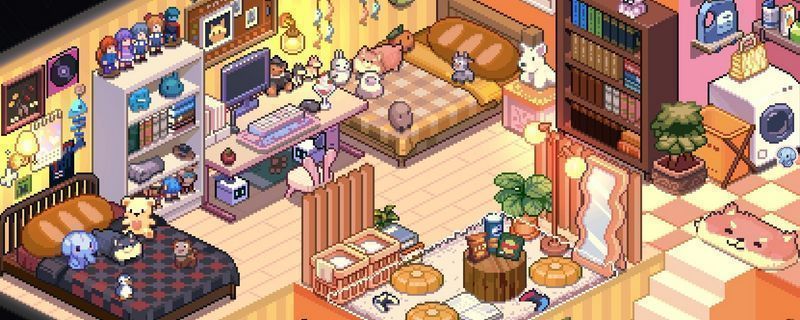 露娜家外观场景，红发妹妹站在门口，房屋为像素风格小木屋，门前有邮箱和小径