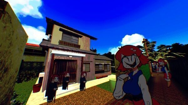 主角在树林中行走，光线斑驳，远处似有黑影窥视，营造强烈不安感