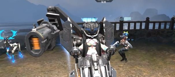 机甲释放火箭炮技能的瞬间，多枚导弹从肩部发射器射出，轨迹呈抛物线，轰击远处目标