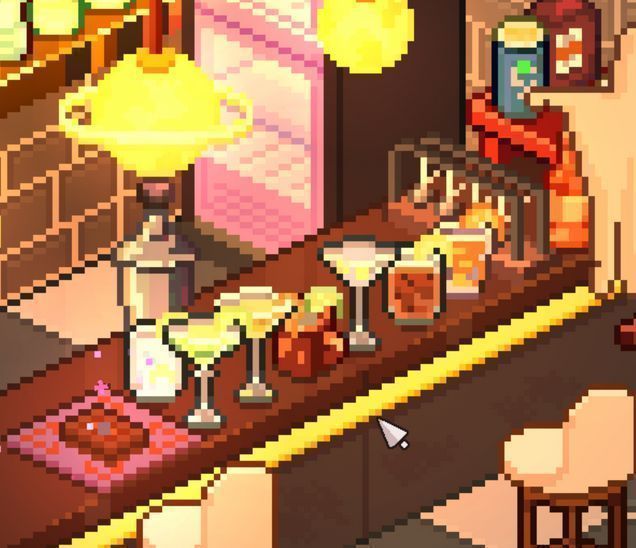 《呓语小镇》调酒配方界面截图，清晰展示七种鸡尾酒名称及所需材料组合