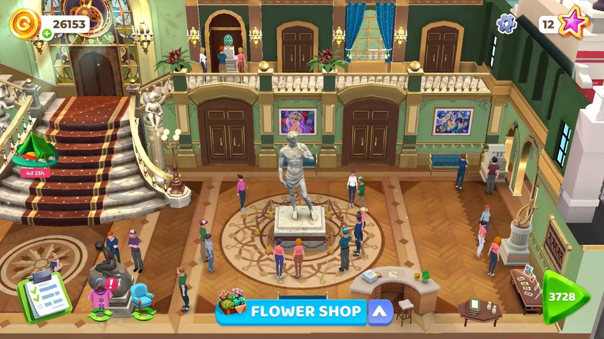 玩家正在为一幅森林小屋线稿上色，界面显示调色盘与多种笔刷工具，色彩渐变自然