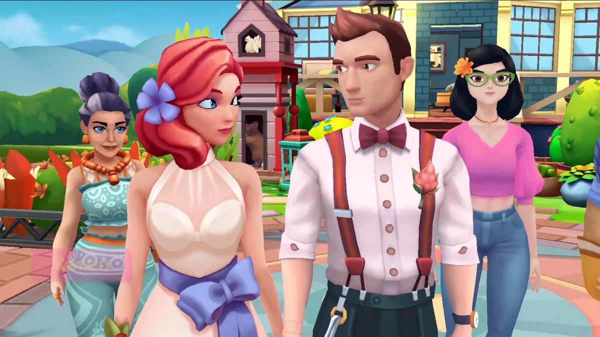 游戏主菜单界面，背景为米娅和里奥并肩站在画廊前，UI设计简洁温馨