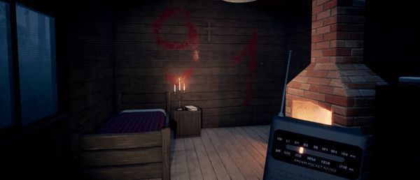 动态画面：收音机指针在频段间跳动，突然接收到一段扭曲的人声低语，屏幕闪烁红光