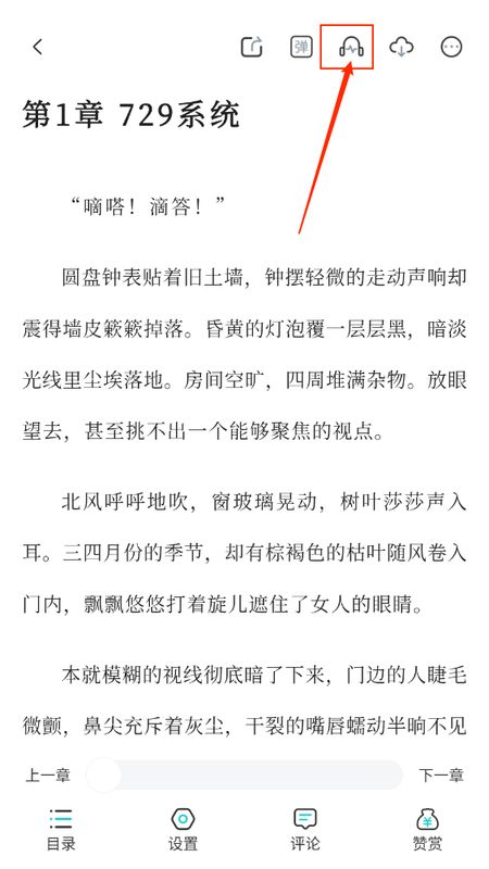 阅读界面中弹出功能菜单，高亮显示‘听书’按钮