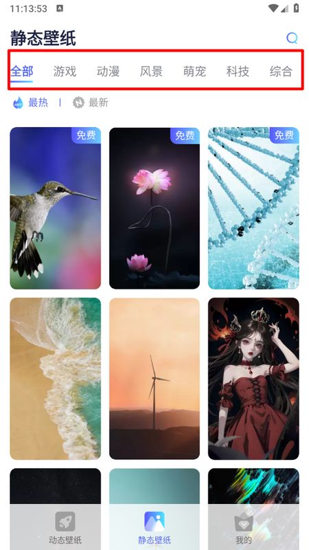 静态壁纸分类页面，包含风景、抽象、动物等多个标签