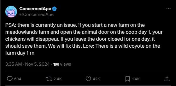 ConcernedApe在社交媒体发布的推文截图，文字提到小鸡被郊狼叼走，语气诙谐，附带游戏内小鸡形象