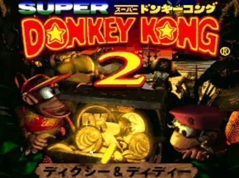 《超级大金刚2》游戏画面，主角大金刚兄弟在丛林关卡中跳跃躲避敌人