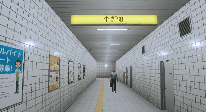 玩家视角下的游戏画面，昏暗走廊重复延伸，墙壁贴纸和地砖略有不同，细节差异暗示出口真假