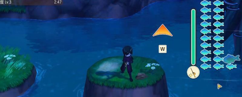 湖心岛上玩家正在钓鱼，水面泛起涟漪，显示鱼王即将上钩的游戏画面