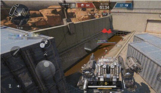 PVP机甲战任务场景，四台巨型机甲与多名人类玩家在城市废墟中激烈交火