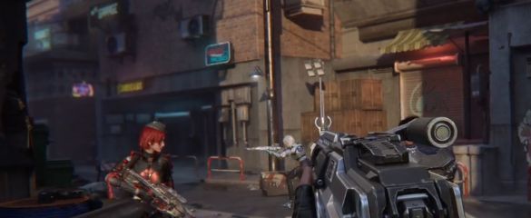 时空追猎任务界面，玩家在广阔地图中奔跑，空中浮现能量条与机甲召唤图标