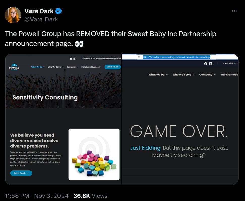 Powell Group官网页面截图显示已移除Sweet Baby合作信息，原合作区域为空白或替换为其他内容