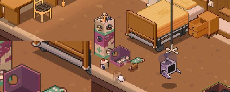 《呓语小镇》医院内部场景，展示大箱子及各类医疗物品摆放布局