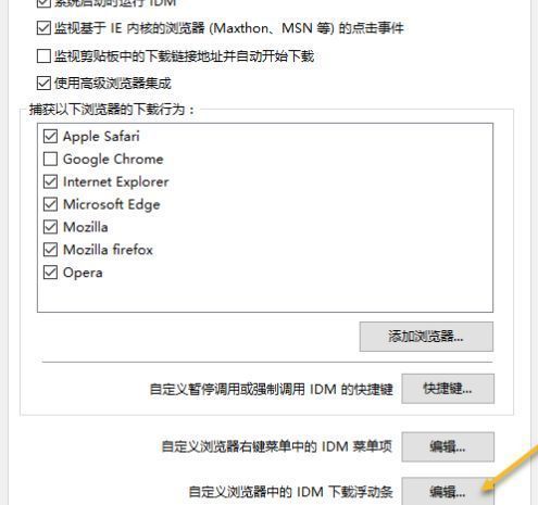 IDM设置中‘自定义浏览器中的IDM下载浮动条’选项右侧的‘编辑’按钮被鼠标指向