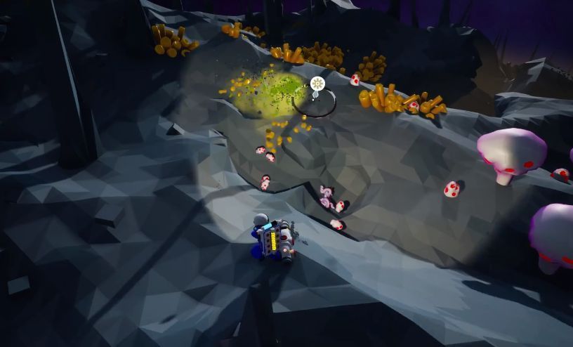 洞穴内部场景，玩家正在挖掘发光的巨型植物根部