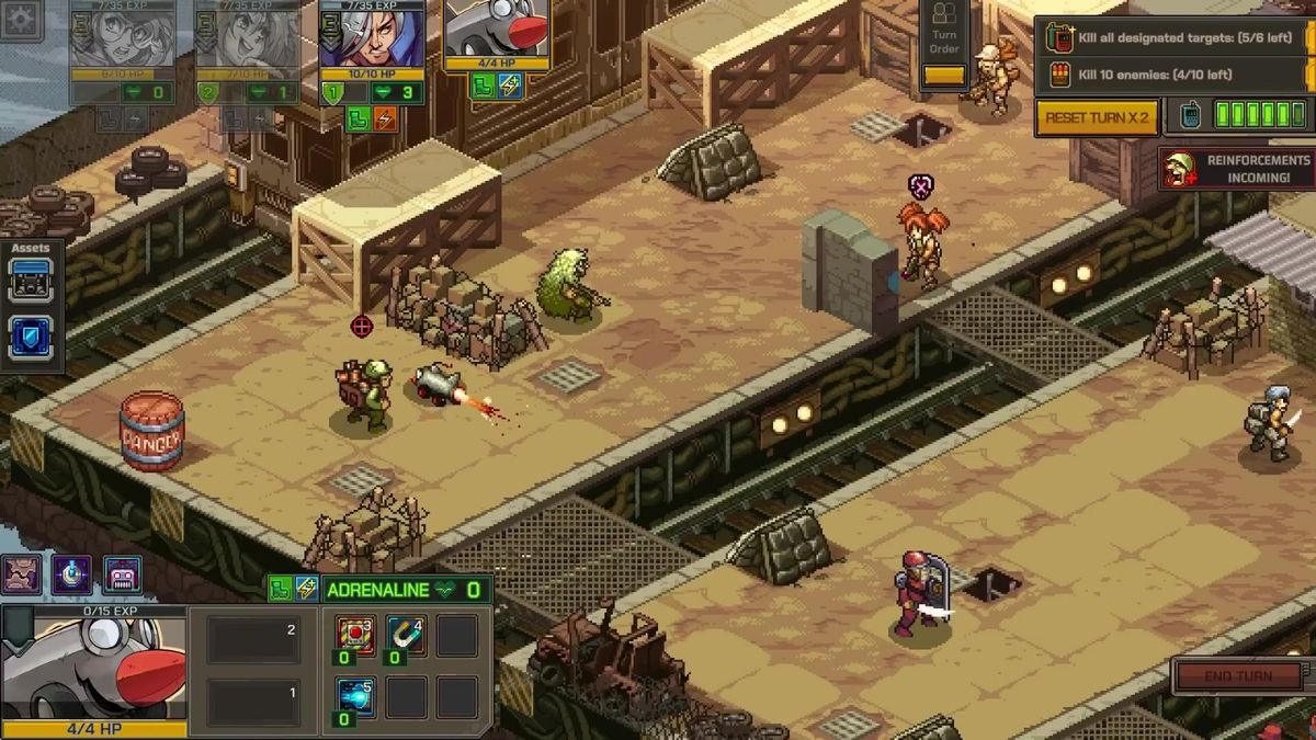 玩家角色在城市废墟中穿梭射击，敌人倒地爆炸，弹道轨迹清晰可见