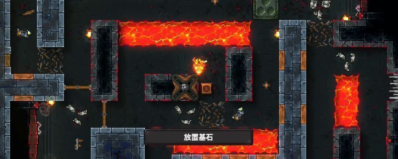 《地牢战争3》第五关战斗场景，画面中大量重甲怪物正逼近玩家布置的陷阱阵列，背景为昏暗地牢，火焰特效闪烁