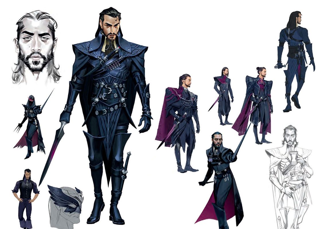 《龙腾世纪：影障守护者》角色概念图，一名身穿重甲、面容冷峻的战士手持巨剑站立于废墟之上