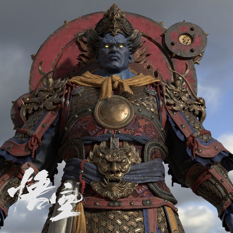 四大天王细节特写，铠甲纹路繁复，武器雕刻精美，展现神将的庄严与力量感