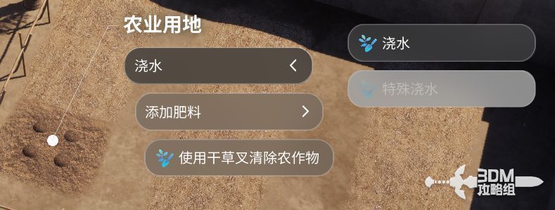 玩家正在为农田浇水，水流从水壶洒出，湿润了干燥的土壤