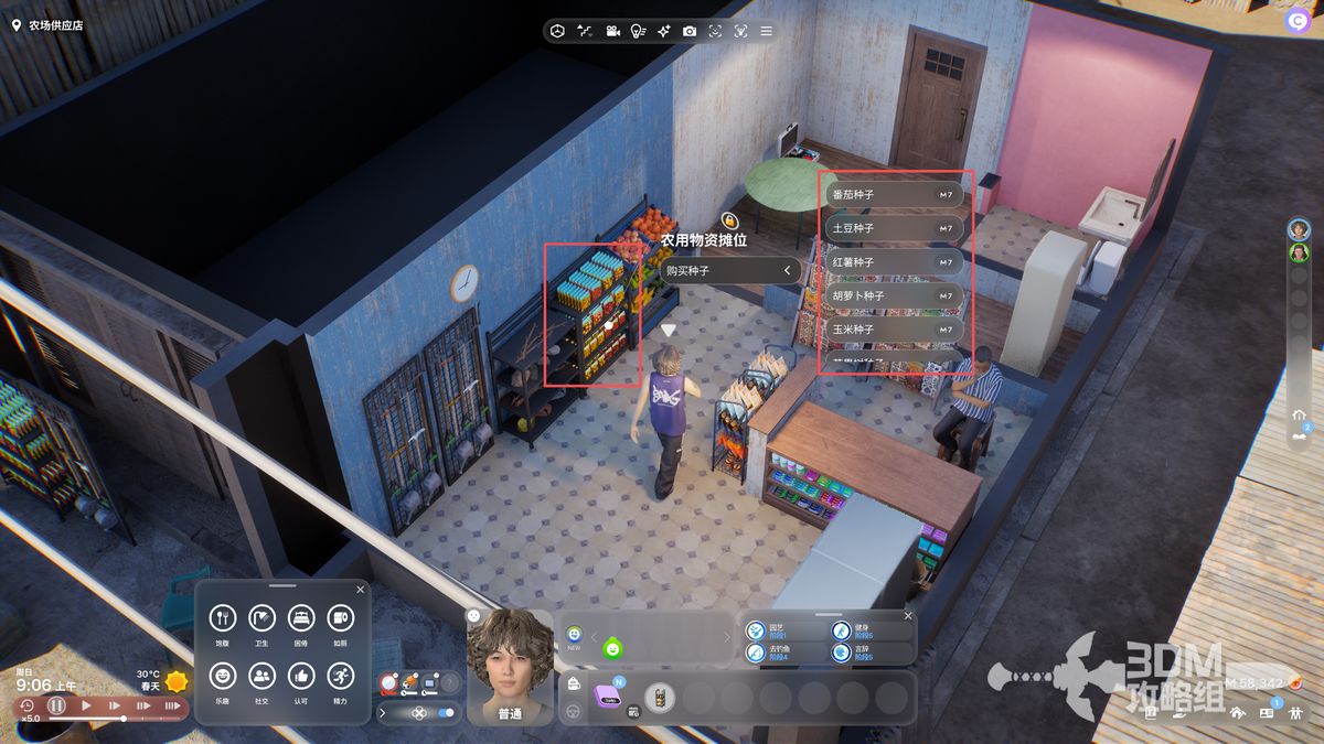 店内农用物资摊位特写，货架上整齐摆放着不同种类的种子包，标签清晰标注作物名称