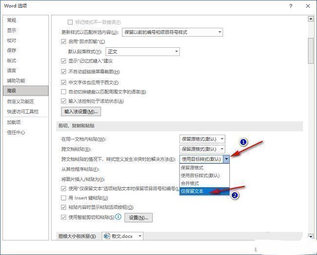 剪切、复制和粘贴设置中，所有选项均被更改为只保留文本模式，界面显示已成功配置