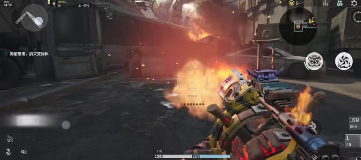 乘风破浪榴弹炮在狭窄巷道内爆炸瞬间，火光四溅，多个敌人被击飞