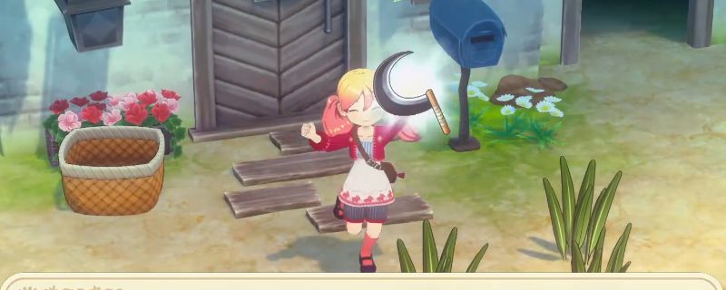 《牧场物语 来吧！风之繁华集市》中玩家角色手持镰刀站在农田旁，背景为阳光洒落的牧场与小镇房屋，画面充满田园气息