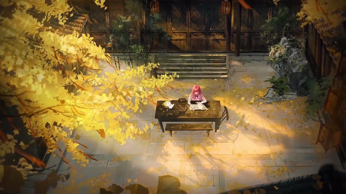 暖暖身穿水墨风戏服立于古戏台中央，背景是斑驳的雕花木门与飘动的红绸