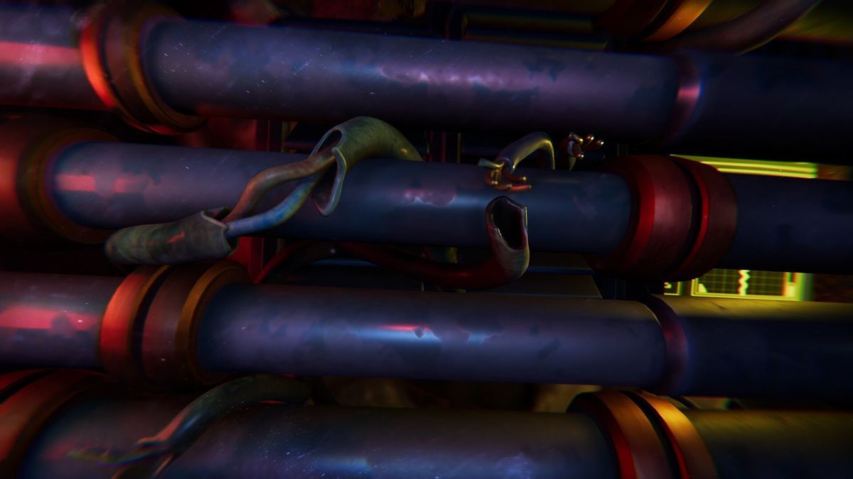 走廊尽头的镜面反射出扭曲的人影，背景布满裂痕墙壁，营造出强烈的不安氛围