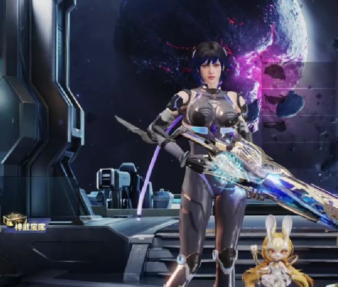 角色凛穿戴未来战士皮肤，释放幻化技能并展开蓝色能量护盾的战斗瞬间