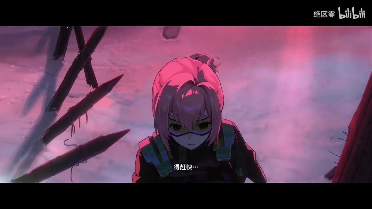 月城柳眼神冷峻直视前方，面部浮现半边鬼族纹路，气氛紧张