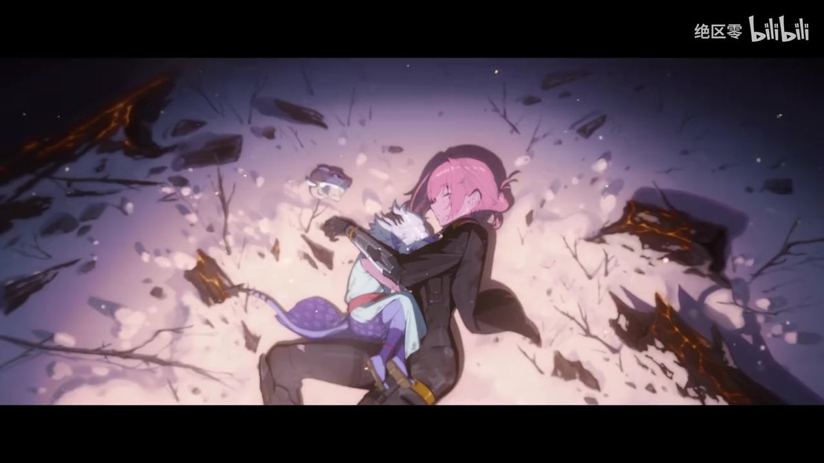 角色苍角站立于高台之上，机械装甲泛着冷光，目光锐利