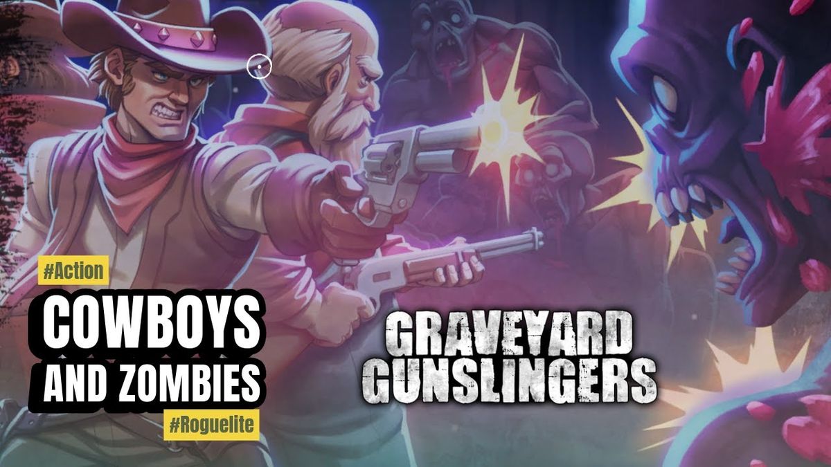 《墓地枪手》游戏主视觉图，昏黄月光下主角手持双枪站在墓地中央，四周环绕着大量逼近的僵尸